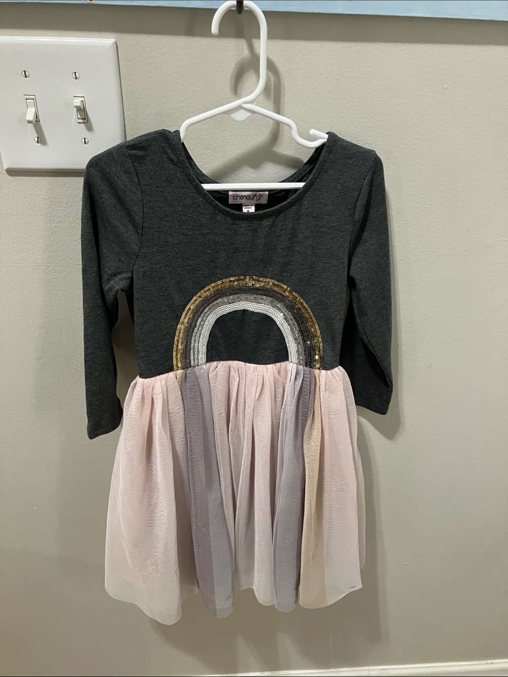 Chenault Charcoal Long-Sleeve Dress with Pink and Gray Tulle Skirt